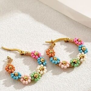 New Delicate Floral Hoop Earrings in Gold with Pastel Flowers OS